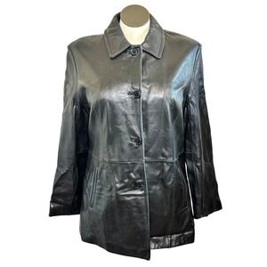 Liz Claiborne Womens XL Black Genuine Leather Button Front Coat Jacket Blazer